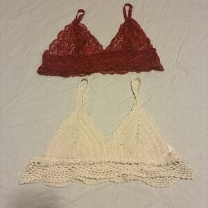 Lace and Knit Bralette Set - Red and Cream
